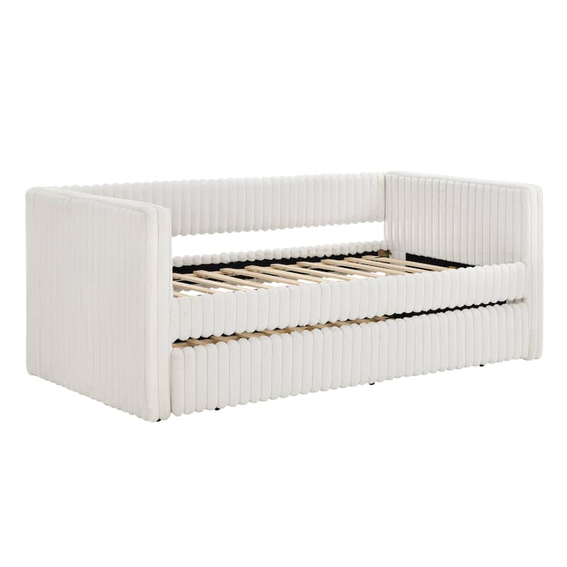Corduroy Fabric Daybed Twin Size Upholstered Panel Frame Sofa Bed with Pull-out Trundle Bed, Low-Profile Platform Day Bed