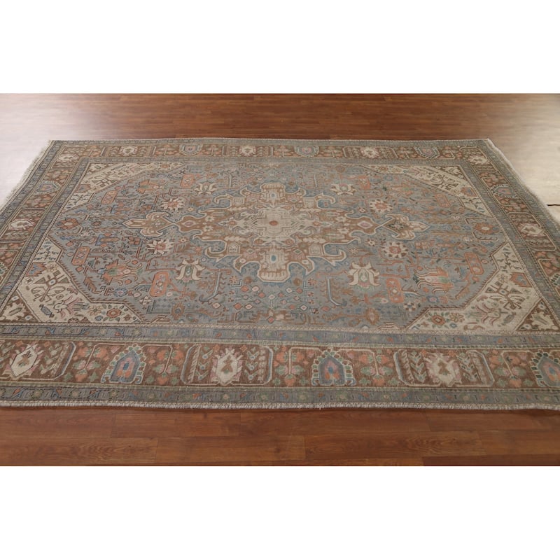 Gray Geometric Tabriz Persian Vintage Rug Hand-Knotted Wool Carpet - 6'5" x 9'5"