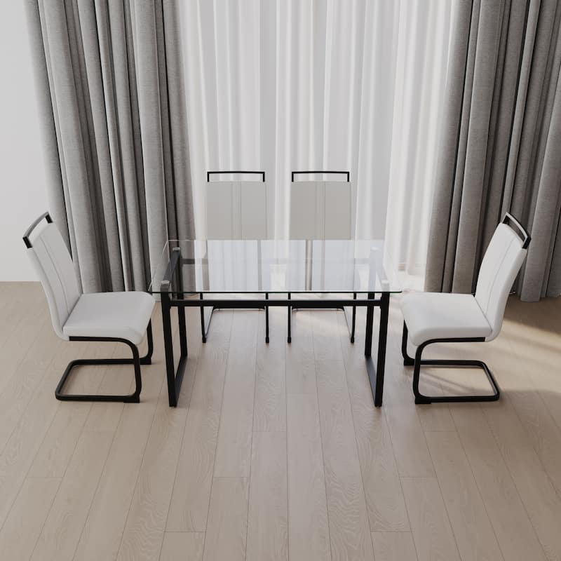 5-Piece Modern Glass Dining Table Set with 4 PU Upholstered Chairs - White