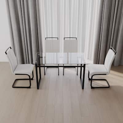 5-Piece Modern Glass Dining Table Set with 4 PU Upholstered Chairs