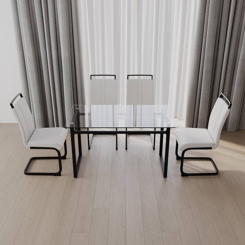 Glass 5-Piece Dining Table Set with 4 PU Upholstered Chairs