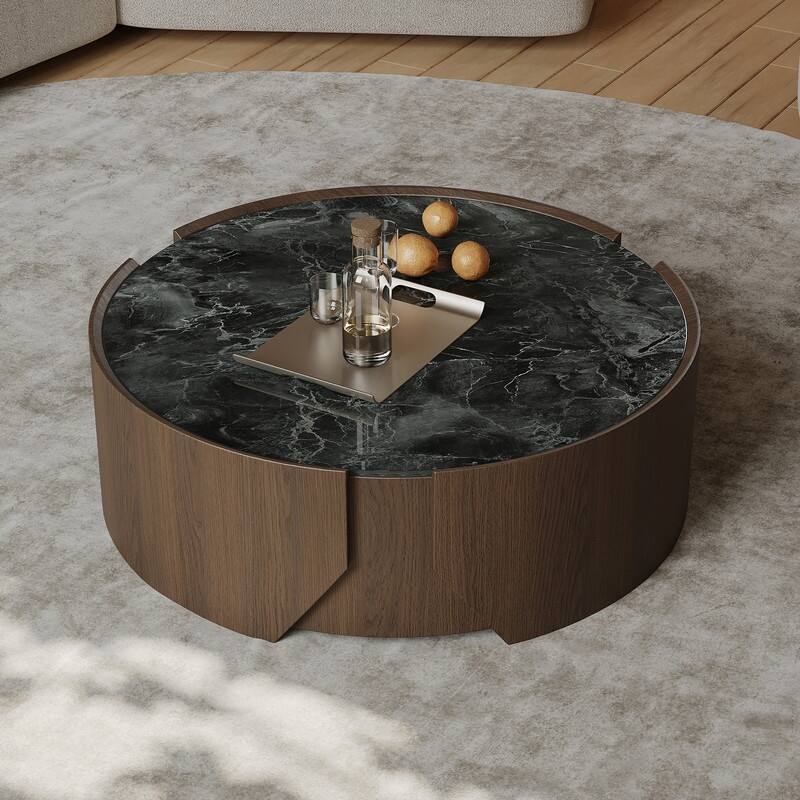 35.43" Modern Round Coffee Table, Dark Brown Solid wood, Glossy Faux Marble Table top, for Living Room