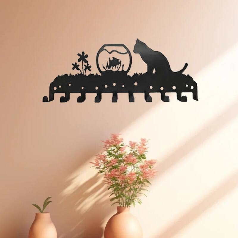 Adorable Kitty Black Iron Wall Mounted Rack with 10 Hooks for Entryway or Bedroom - 13.78”L x 5.51”H