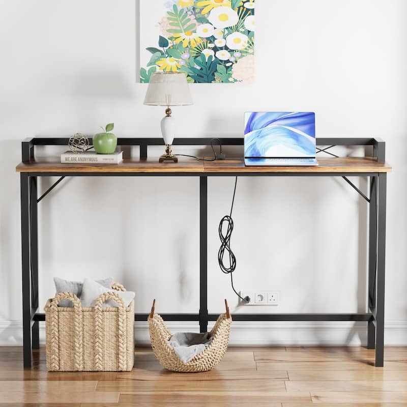 Console Table with 2 Outlet and 2 USB Ports,Entryway Table Narrow Charging Station Sofa Table - 55.1 Inches - Rustic Brown