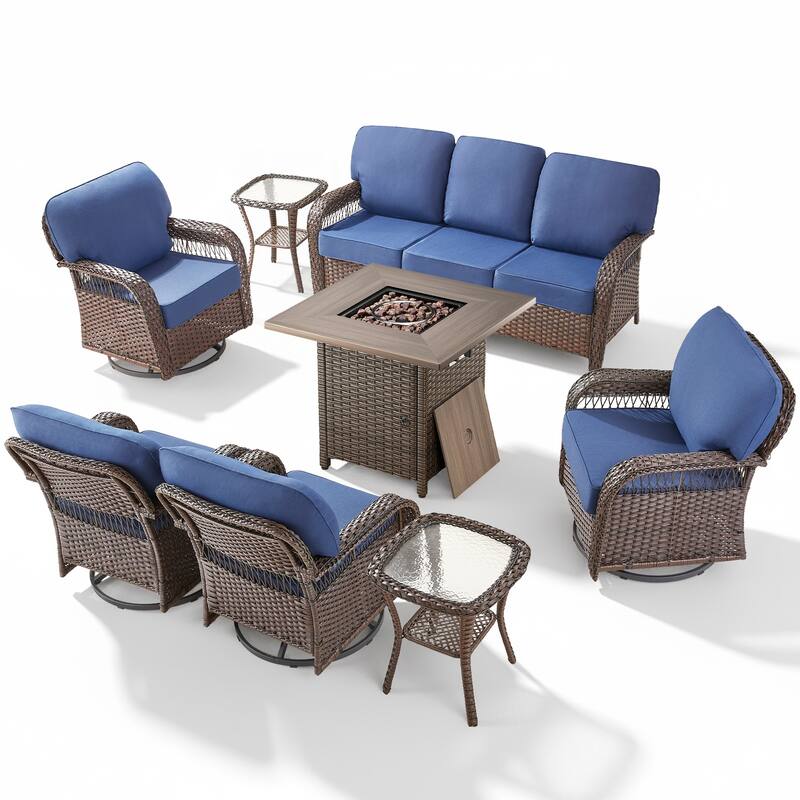 Pocassy Outdoor Sofa Ottoman Swivel Chair Table with Fire Table Funiture Set.