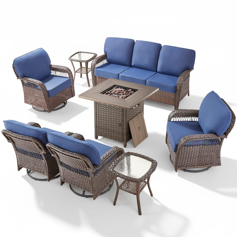 Pocassy Patio Outdoor Fire Table with Sofa Ottoman Swivel Chair Funiture Set.