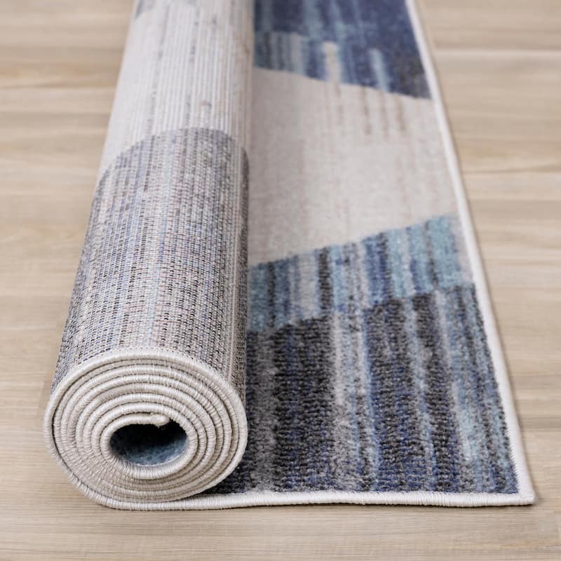 Fitzgerald Collection - Blue/Cream/Grey Distressed Geometric Rug