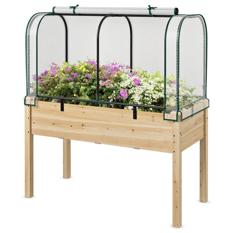 Costway Wood Raised Garden Bed with Greenhouse Cover Mini Portable - See Details - White+Beige