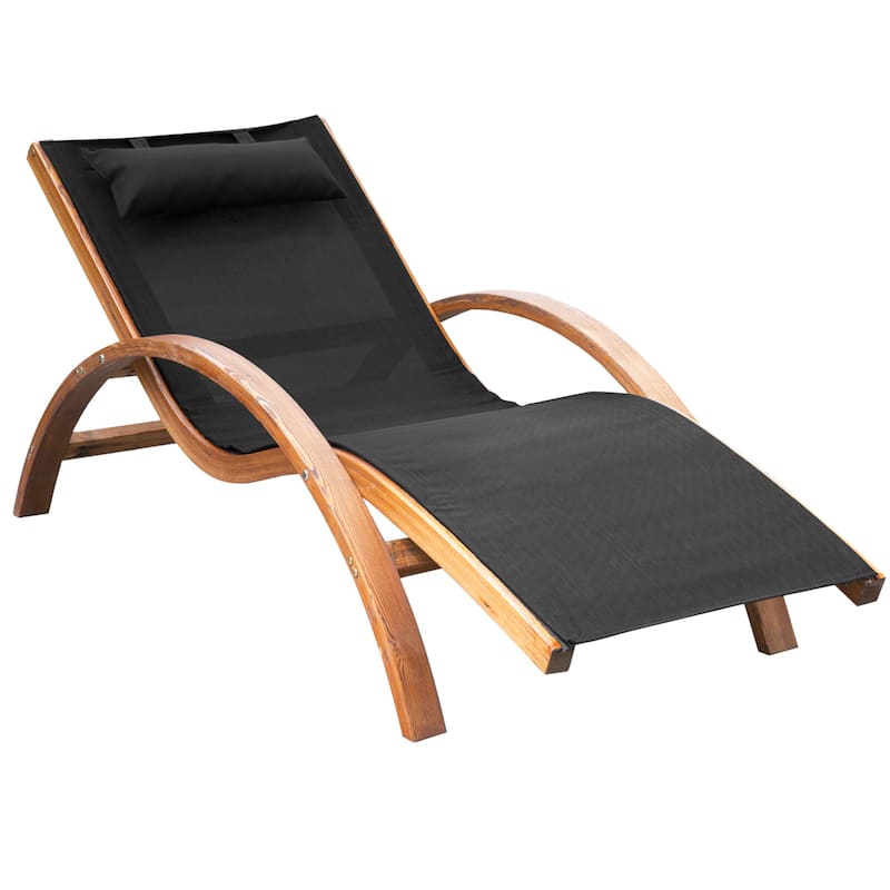 Outsunny Outdoor Chaise Wood Lounge Chair with Pillow, Armrests, Breathable Sling Mesh for Patio, Deck, and Poolside - Black