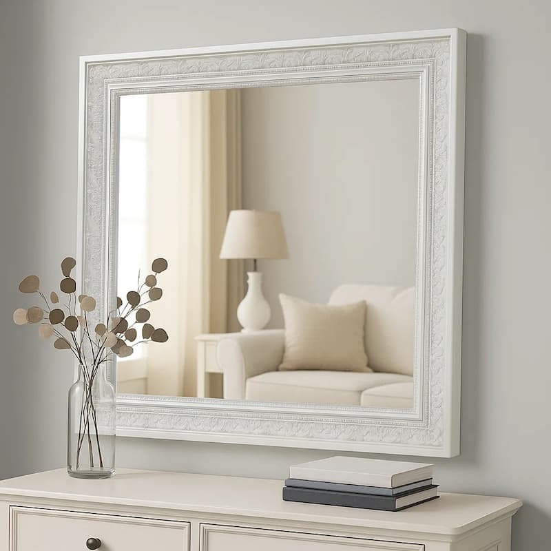 Miamy Dresser Mirror, 44 Inch Cream White Wood Frame, Bevelled Edge - Creamy White, Silver
