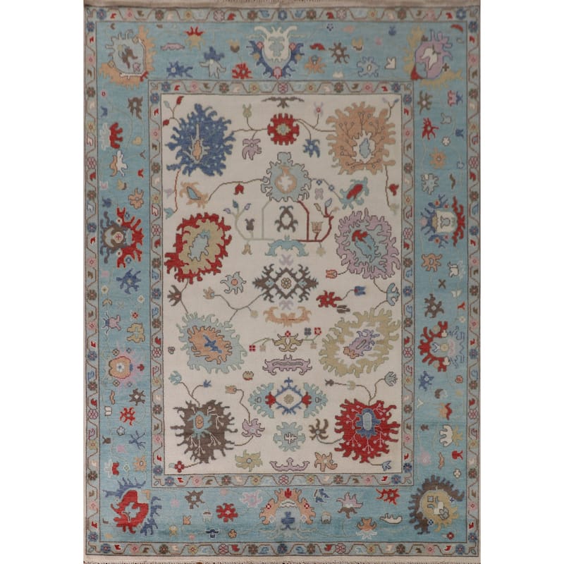 Floral Ivory & Blue Oushak Oriental Area Rug Handmade Wool Carpet - 9'0"x 11'7"
