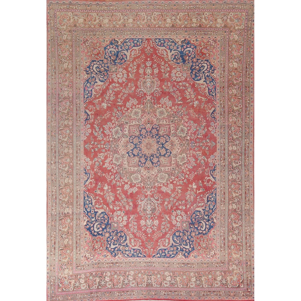 Red Pink Floral Mashad Persian Vintage Area Rug Handmade Wool Carpet - 9'4"x 12'7"
