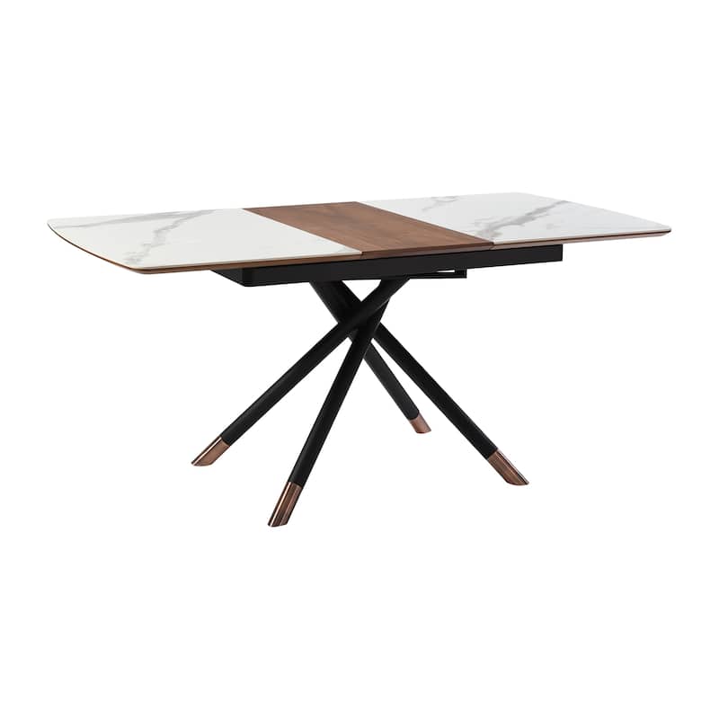 Alora 51" - 67" Extendable Dining Table with Light Gray Ceramic and Wood Top and Metal Legs