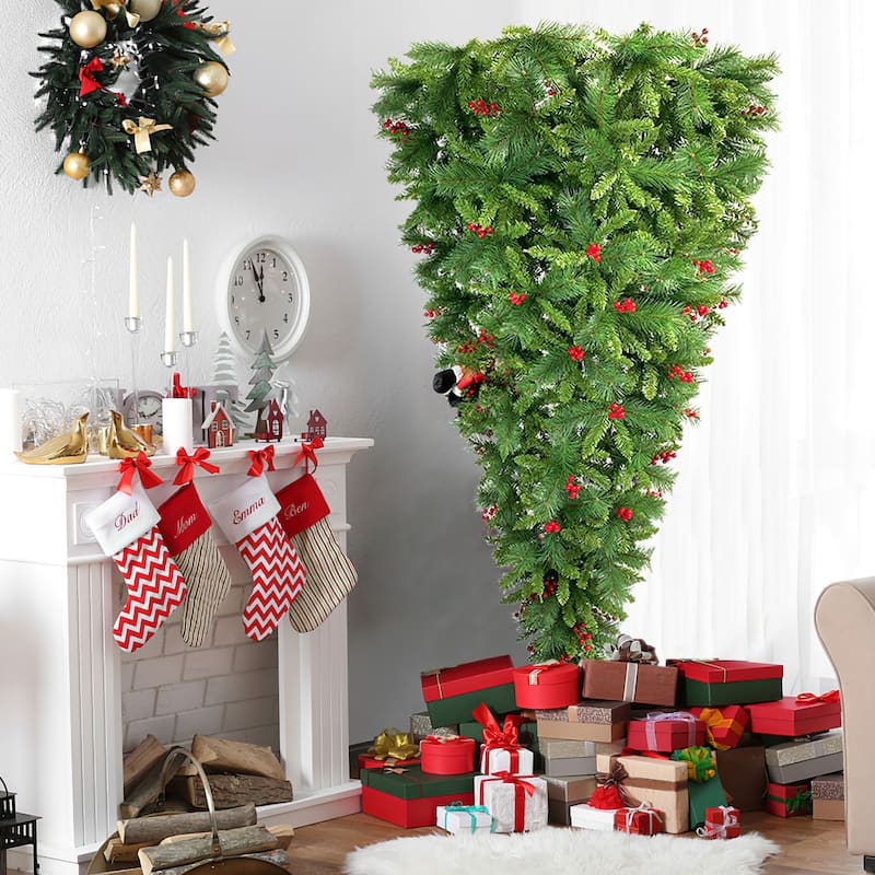 7.5 FT Upside Down Christmas Tree With Berries and Santa's Leg - 7.5 FT