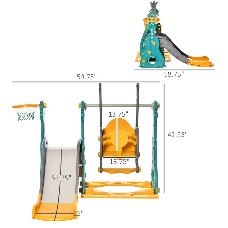 Teal-Dolphin Grey-Golden Yellow HDPE Kids Swing Set with Slide and Hoop - 59.75" L x 58.75" W x 42.25" H