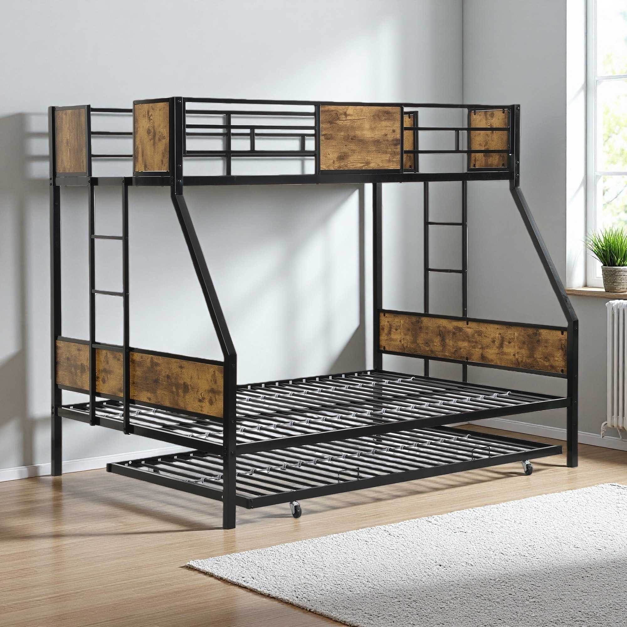 Twin Over Full Metal Bunk Bed with Trundle, 2-Side Ladder, Full-Length Guardrail and Large Under-Bed Storage