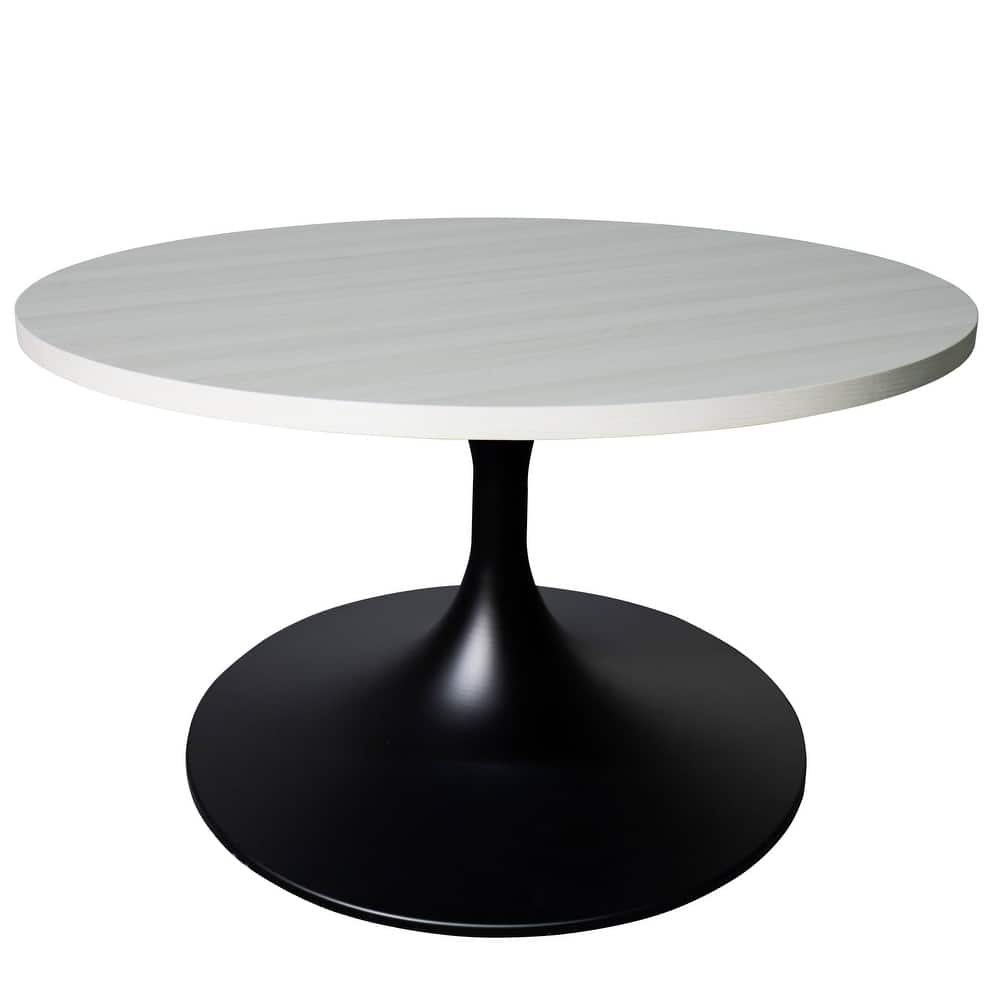 Verve Modern Round Accent Coffee Table with Solid Wood Top and Black Steel Pedestal Base for Living & Bedroom