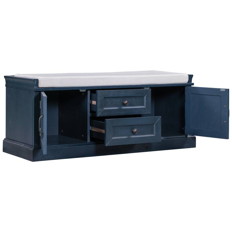 Storage Bench with 2 Drawers and 2 Cabinets, Shoe Bench with Removable Cushion for Living Room