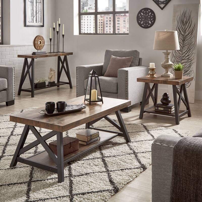 Bryson Rustic X-Base Accent Tables by iNSPIRE Q Classic - Cocktail Table + End Table - Brown