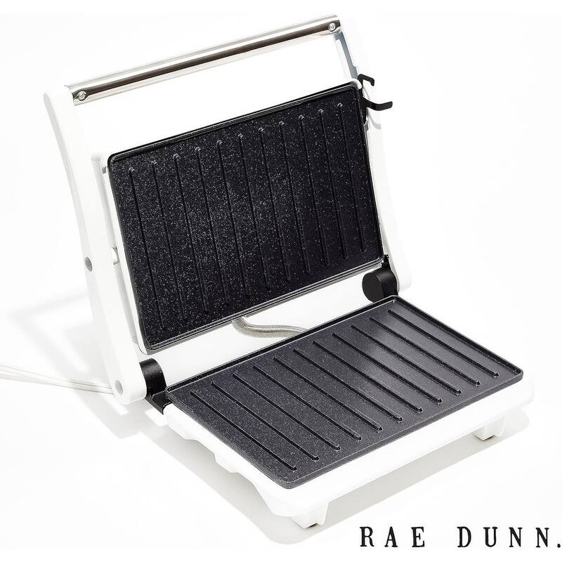 Rae Dunn Panini Maker 750 Watt 2-Slice Press Grill with Indicator Lights Opens 180 Degrees Double Sided Heating Non-stick