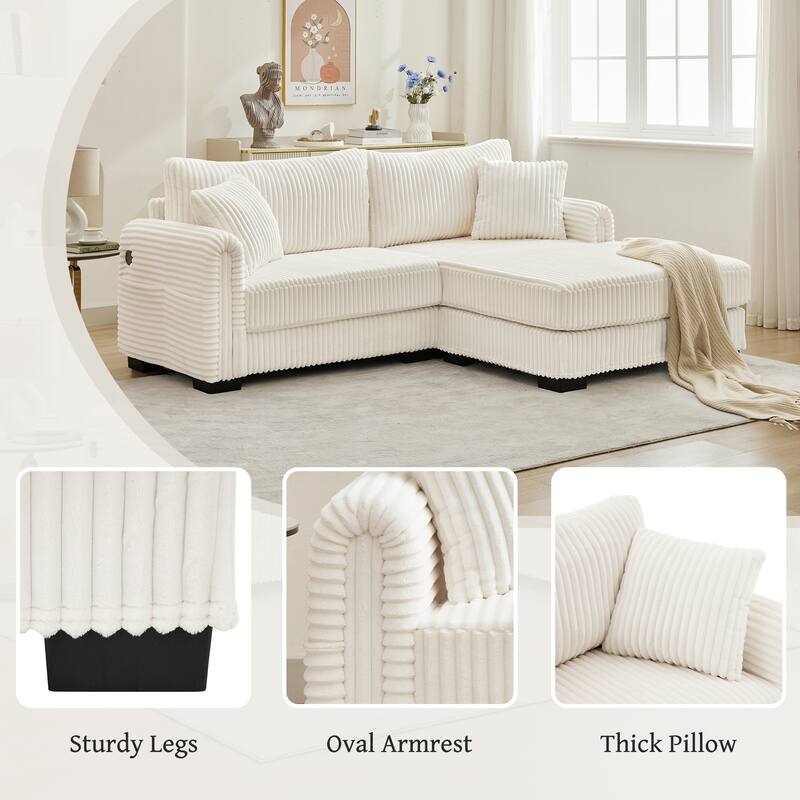 L-Shaped Sofa, 2 Seater Modular Sectional Sofa with Convertible Chaise, USB Ports, Corduroy Couch with Oversized Side Pocket