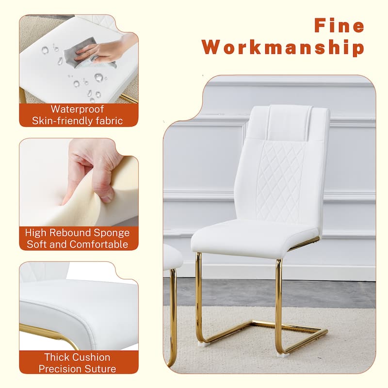 White Leather Dining Chairs with Metal Legs, Dining Table & Chairs Set Dining Table with Gold C-Shaped Legs