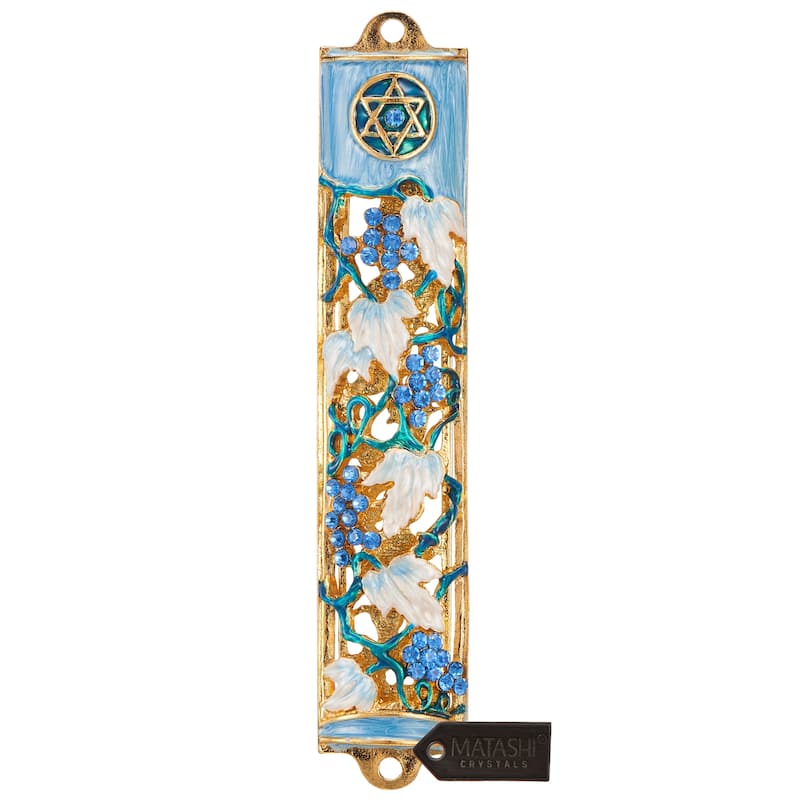 Matashi Hand Painted 6" Blue and Ivory Enamel Grape Mezuzah Embellished with Gold Accents and High Quality Crystals Home Decor - Multi