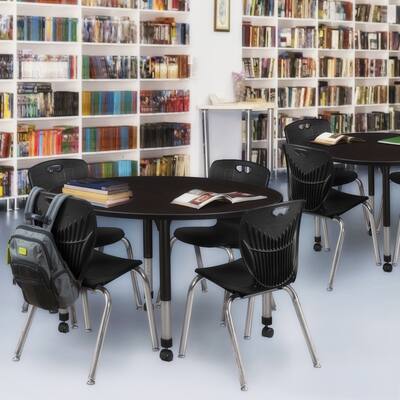 Kee 48" Round Height Adjustable Classroom Table - Mocha Walnut & 4 Andy 18-in Stack Chairs- Black