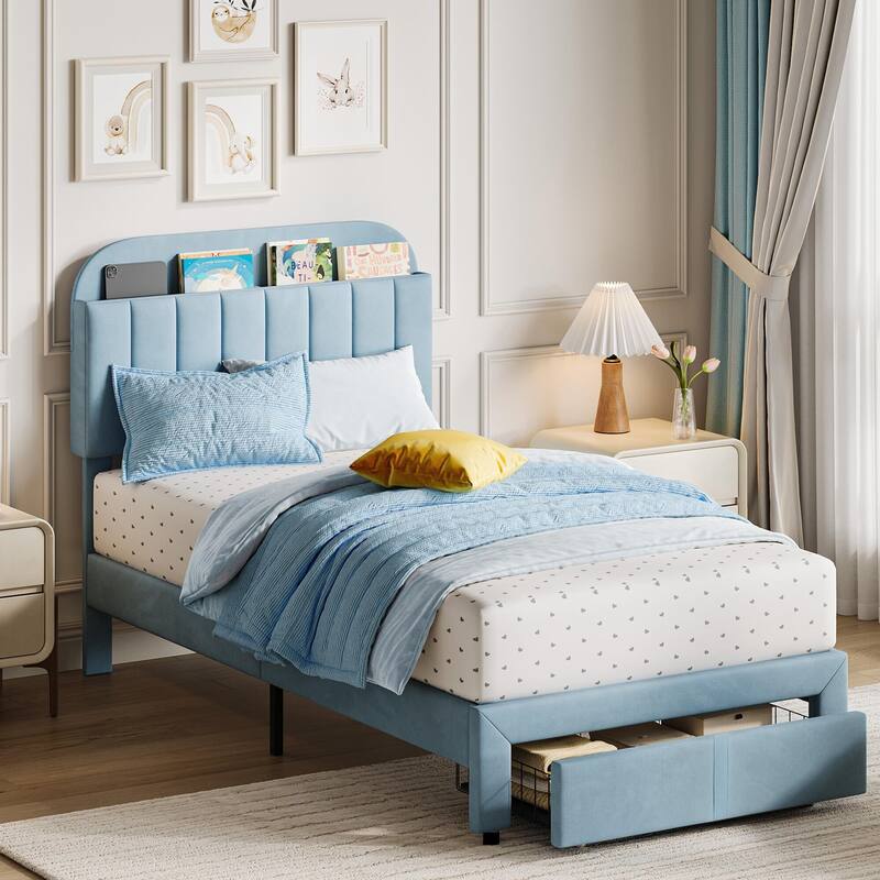 Bed Frame with Drawer, Velvet Upholstered Platform Bed Frame with Storage Headboard