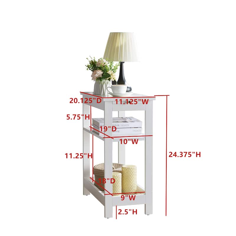 Slim Wood Side End Table with Storage Shelves & Pull-Out Tray, Nightstand for Bedroom, Living Room - 20"L x 11"W x 24"H