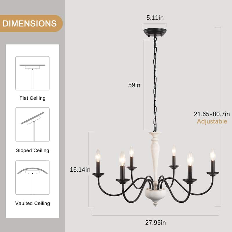 Modern Farmhouse 6-Light Candle Chandelier Light Fixture for Dining Room - W27.95"x H16.14" - N/A