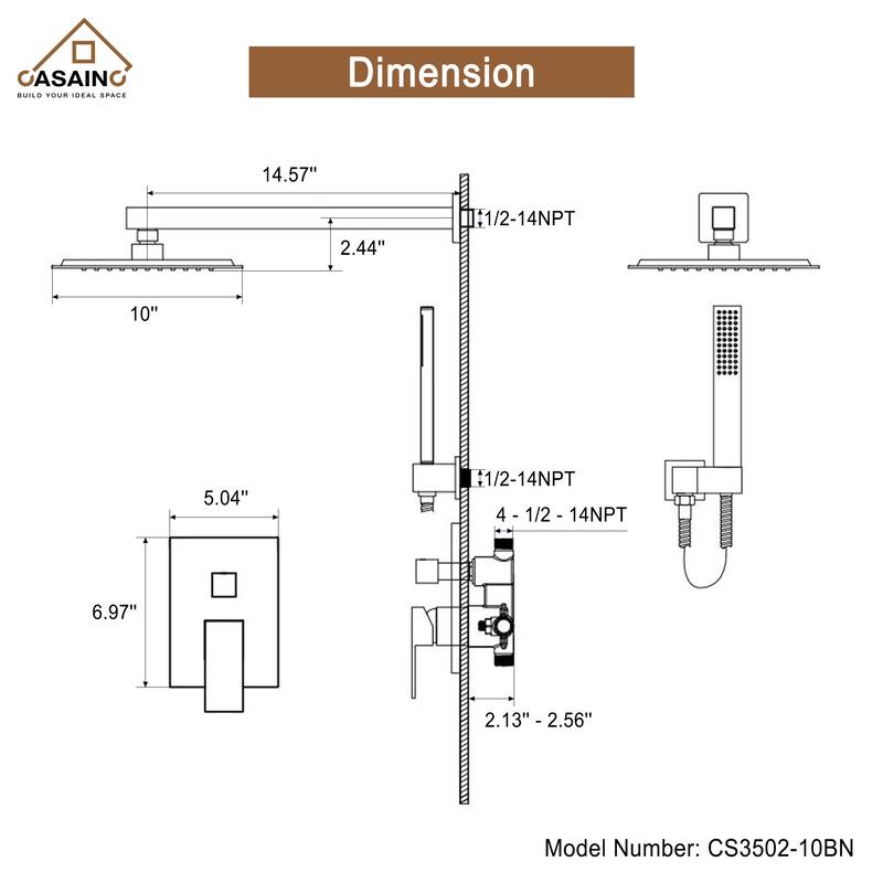 CASAINC 2-Function 10-In Wall Mounted Shower System with Handheld Shower