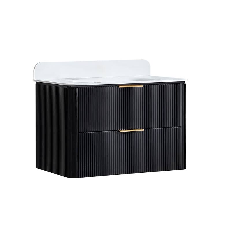 Modland Fluted Floating Vanity with Sink, Plywood Wall Mount Cabinet, Curved Edge, 24/30/36 Inch - 30 inch - Black