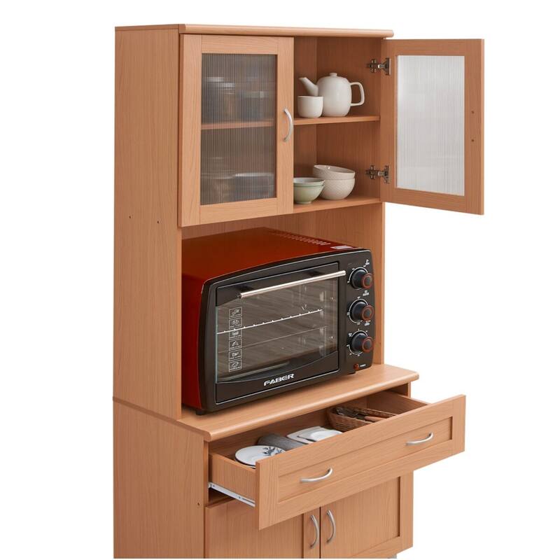 77.5" Beige Solid Microwave Kitchen Cabinet with Transparent Doors