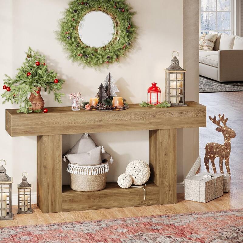 63 Inches Brown/ Gray Wood Console Table, Farmhouse Entryway Table for Hallway