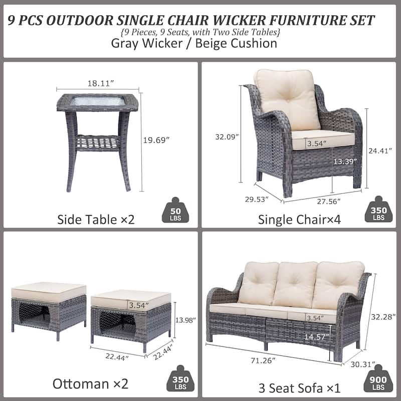 Gray Rattan Wicker Outdoor Patio Furniture Seating Sets With Cushions