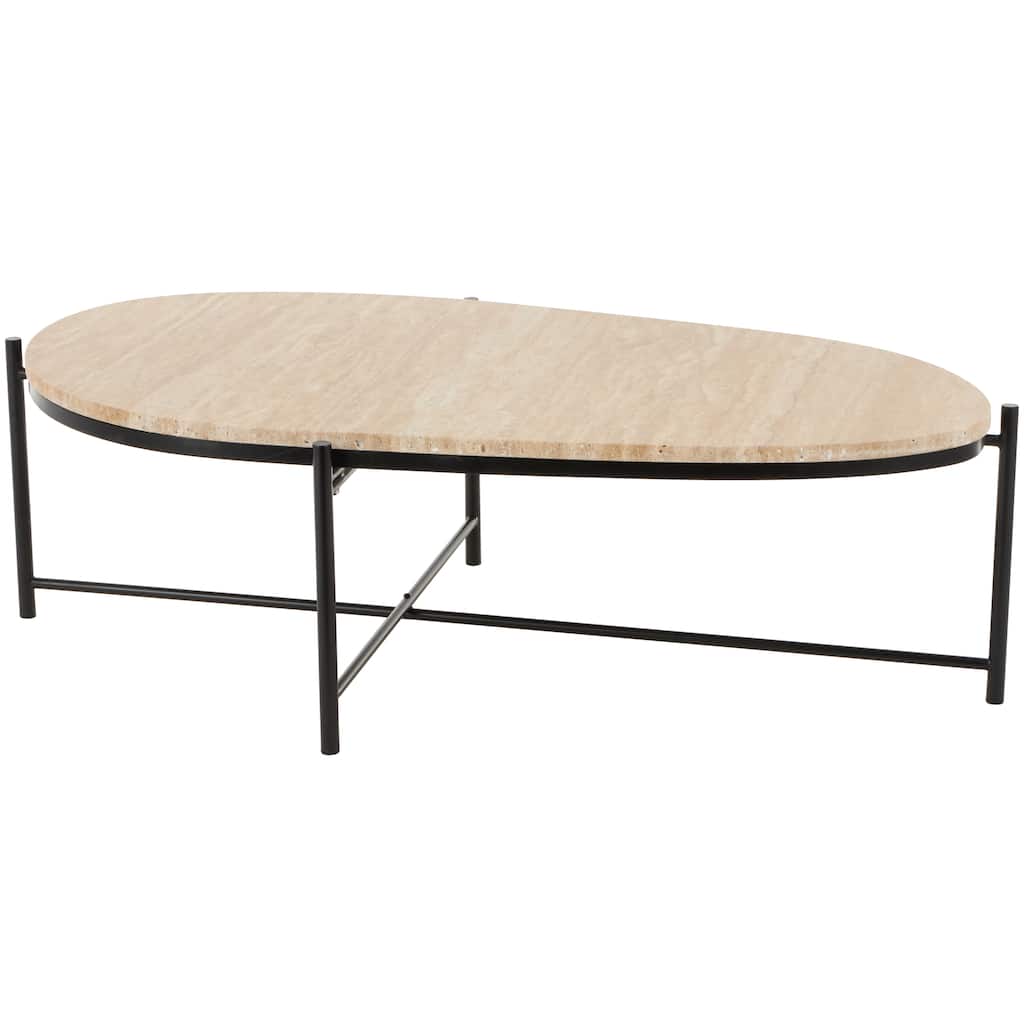 Marble Oval Coffee Table with Black Metal Support - Beige - Roche River Decor - 25"W x 45"L x 13"H