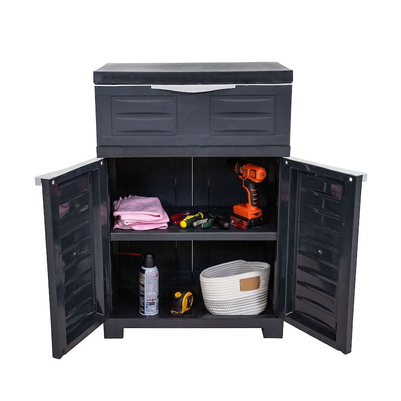HomeRoots 35" Dark Gray Heavy Duty Plastic Two Door One Drawer Utility Cabinet - 23.50 in. x 34.50 in. x 13.75 in.