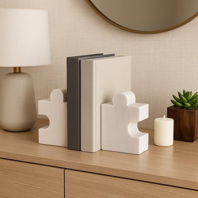 Modern Marble Puzzle Piece Bookends for Home Decor - 7", White - 7.0"