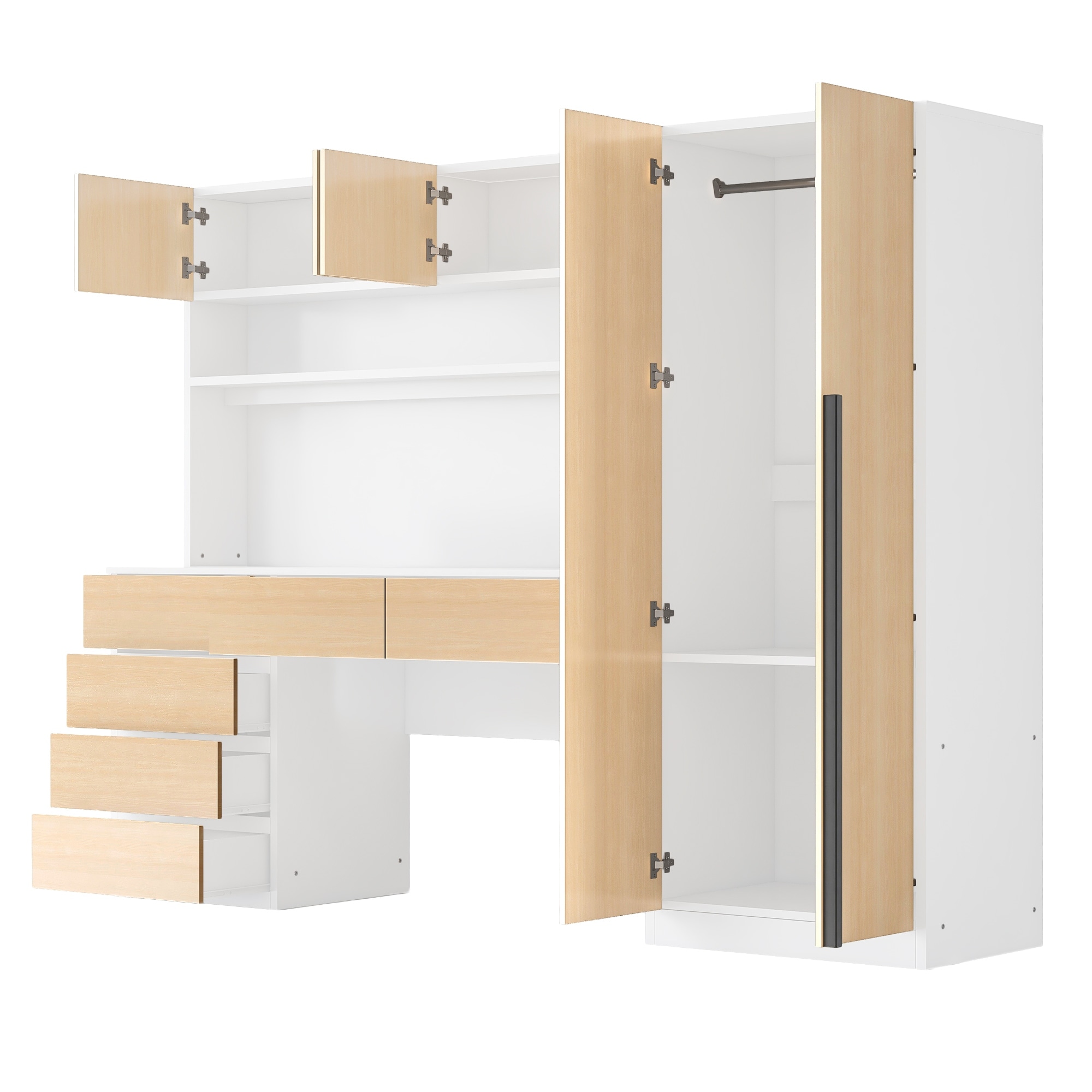 Versatile Study Desk Wardrobe All in one Bedroom Furniture Set 6 Drawers Dresser and Armoire Closet Cabinet Combo Set Natural