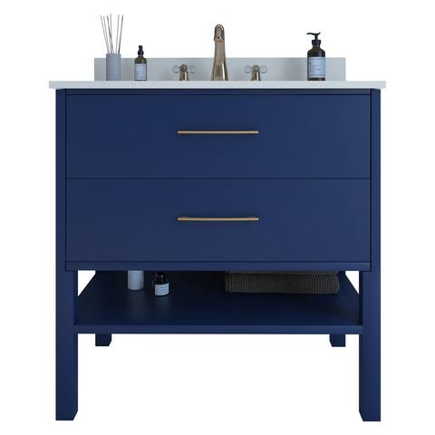 Layton 36" Modern Blue Vanity with Shelf, Quartz Top
