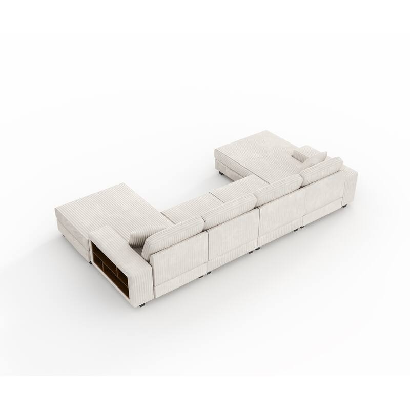 139.76" Corduroy U-Shape Sectional Sofa with Storage Armrests and Pocket Spring Cushions