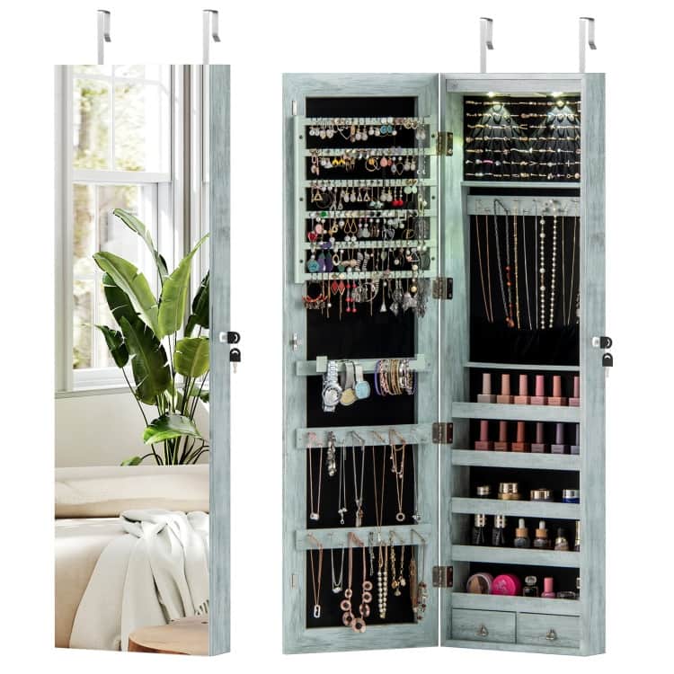 LED Lights Wall and Door Mounted Jewelry Storage Lockable Cabinet with Full Length Mirror - 14" x 4" x 54.5" (L x W x H)