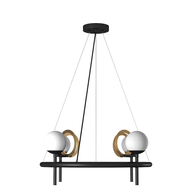 EVOLV Fusion Halo 4-Light Matte Black with Brass Ring Chandelier with Opal Glass