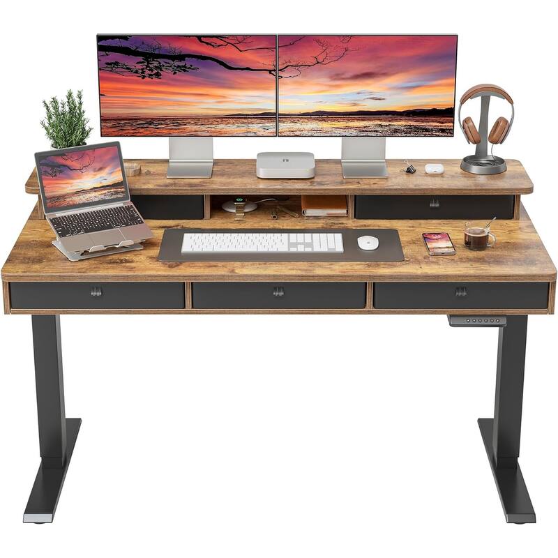 FEZIBO Height Adjustable Electric Standing Desk with 5 Drawers, Table with Storage Shelf, Sit Stand Desk