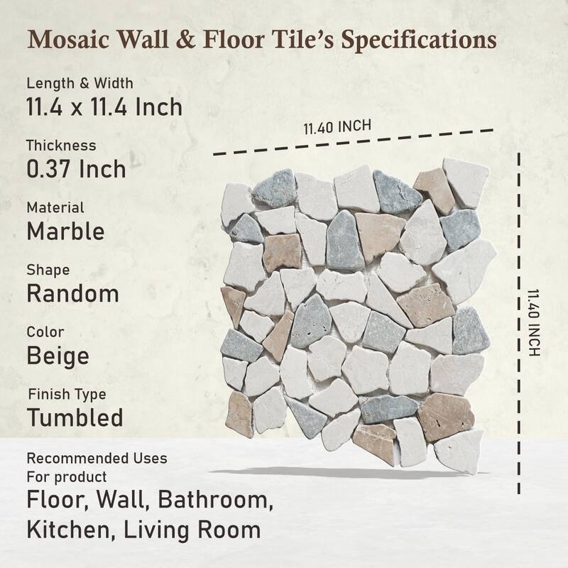 Sea Sand Random Marble Mosaic, Back Splash Tiles for Kitchen Walls, Shower and Bathroom Floors 11.4" X 11.4" (4.5 Sqft per case)