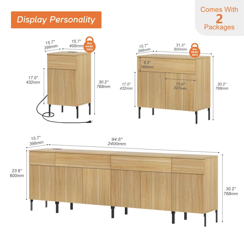 94.5" Wooden Sideboard With Reeded Design, 4-In-1 Modern Credenza With Charging