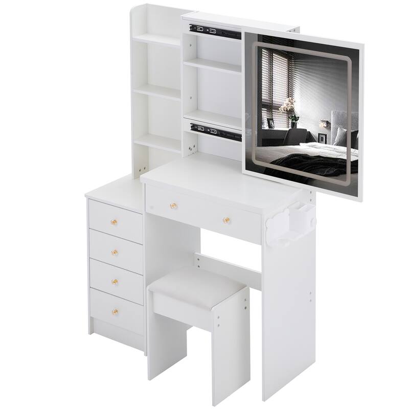 Vanity Table with Control LED Sliding Mirror, Dressing Table Set with USB Power Station, Makeup Stool with Hair Dryer Stand