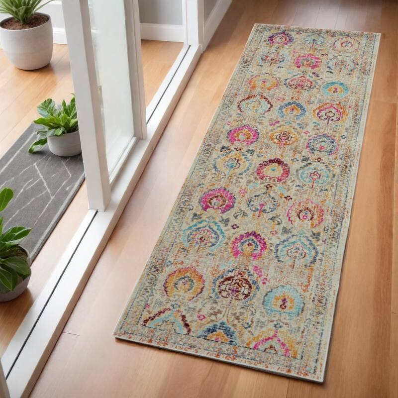 HomeRootsFloral Transitional Runner Area Rug - 72' X '24' X '0.5 - 72' X '24' X '0.5 - Orange/Pink/Ivory