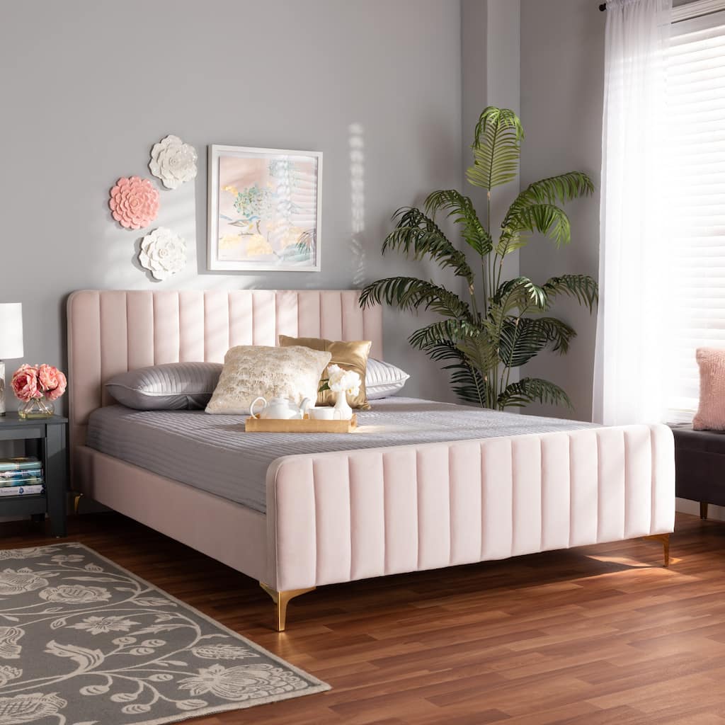 Nami Modern Light Pink Velvet and Gold Platform Bed